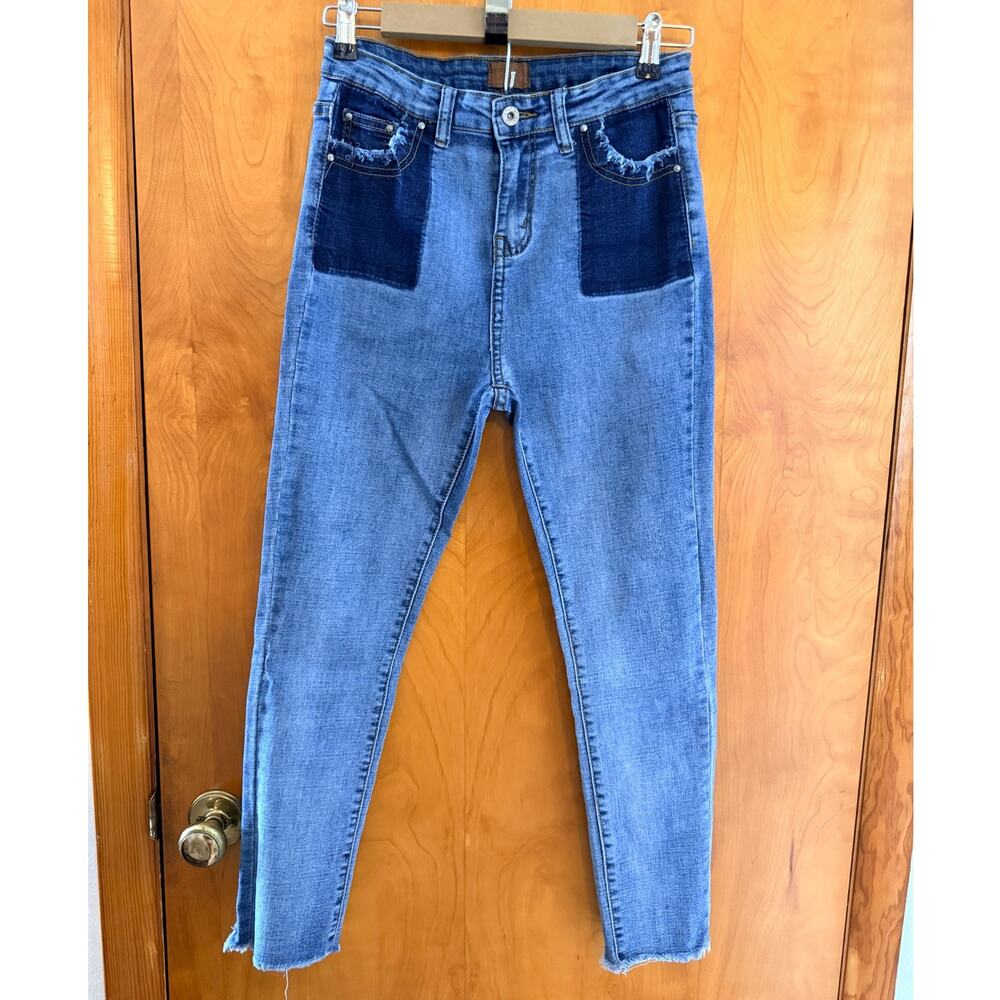 Pol High Rise Patchwork Skinny Jeans Womens M Raw Hem Distressed Ankle NWOT